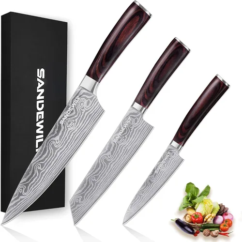 Juego de cuchillos de cocina profesionales de acero inoxidable de alto carbono, 3 cuchillos japoneses ultra afilados con funda, mango ergonómico de