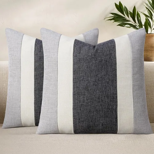 Miniatura 8 de Adabana Juego de 2 fundas de almohadón de lino decorativas con diseño de patchwork cuadrado para sofá, cama, sala de estar, estilo granja, 18 x 18