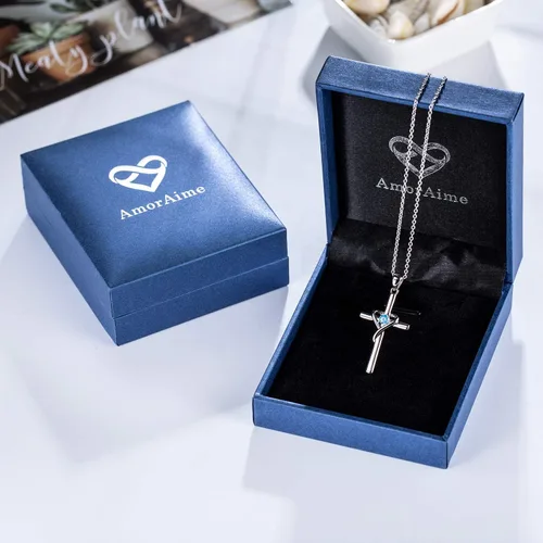 Miniatura 7 de AmorAime - Collar con cruz de plata de ley 925 para mujeres y hombres, collares de piedra natal de circonita cúbica 5A, chapado en oro de 14