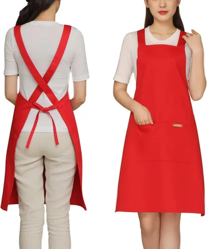 Miniatura 22 de NEWGEM Delantal 100% algodón con espalda cruzada para mujer con 2 bolsillos, correas de botón ajustables, sin dolor de cuello, delantal de chef