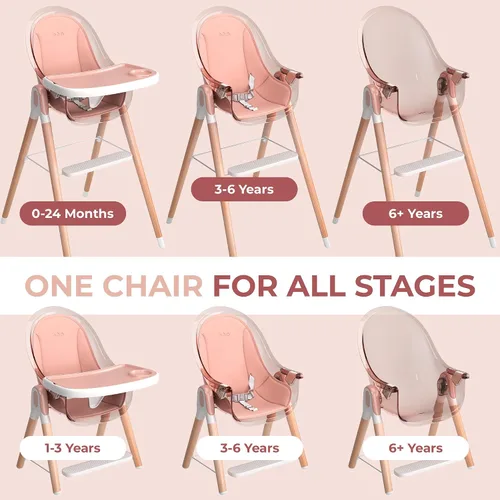 Miniatura 6 de Silla alta de madera de lujo 6 en 1 para bebés y niños pequeños, moderna, segura y compacta, fácil de limpiar, bandeja y cojín extraíbles, 6 Rosa