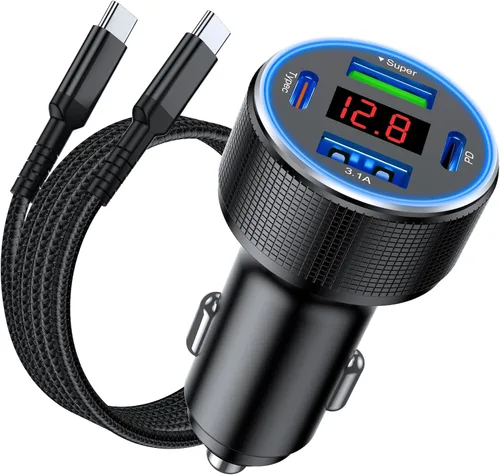 Miniatura 11 de Cargador de coche USB C de carga rápida, 4 puertos 78 W cargador de teléfono de coche de metal con voltímetro, 2 USB-C y 2 USB-A 12 V-24 V cargador