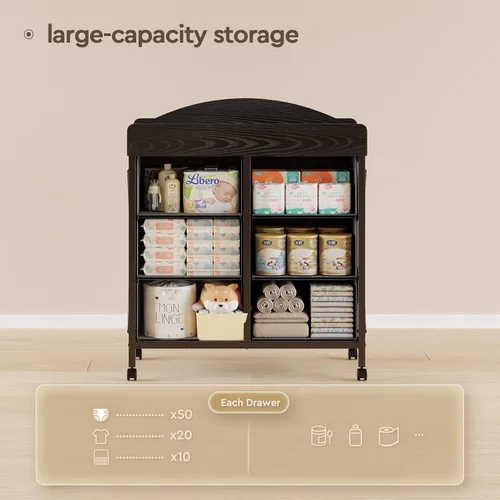 Miniatura 3 de Yetom Cómoda Cambiador de Bebé con Ruedas, Cómoda para Bebé con 6 Cajones de Tela con Superficie de Cambio, Estación de Cambio de Pañales Negro