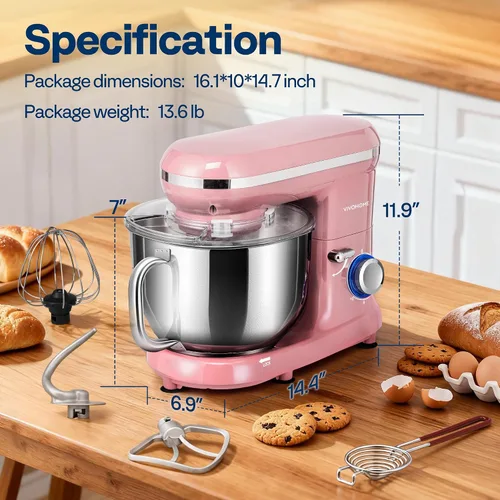 Miniatura 7 de VIVOHOME - Batidora de mesa de 660 W, 10 velocidades, 6 cuartos de galón, mezclador eléctrico de cocina con cabezal basculante, batidor, gancho