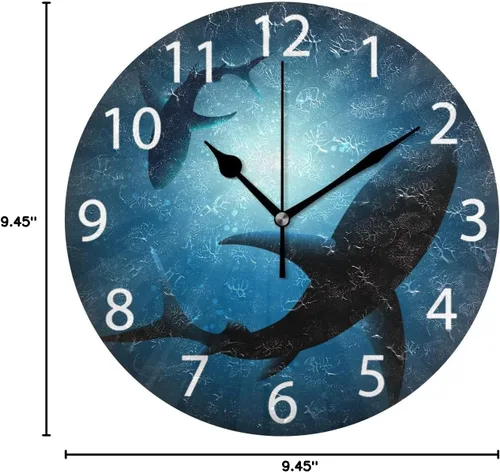 Miniatura 8 de senya Reloj de pared redondo de tiburones bajo el agua, pintura al óleo silenciosa sin tictac, decorativo para el hogar, oficina, escuela, reloj