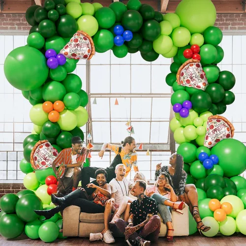 Miniatura 5 de Kit de arco de guirnalda de globos de tortuga verde, globos de látex verde jungla con globo de Mylar de papel de aluminio de pizza para caricaturas