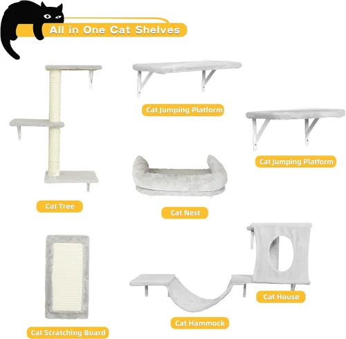 Miniatura 4 de NUNU LAB Juego de muebles para gatos montados en la pared, juego de 6 piezas para escalar con casa, puente, escalones, tabla rascadora - Paredes