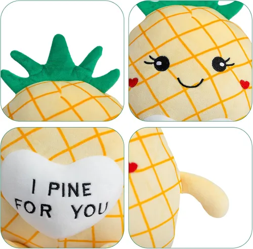 Miniatura 8 de Juguetes de peluche de piña de 17 pulgadas, lindo animal de peluche de fruta con corazón rojo, almohada de piña de felpa suave para novia, novio