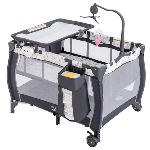 Miniatura 10 de Costzon 3 en 1 Rosa Pack and Play con Moisés, Corralito Portátil para Bebé con Mesa Cambiadora, Caja de Música, Juguetes Giratorios, Ruedas/Freno