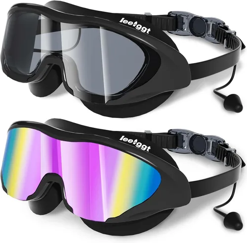 Miniatura 13 de Gafas de natación anti niebla UV para niños de 6 a 14 años, paquete de 2 gafas de natación para niños con tapones para los oídos adjuntos Dorado-azul