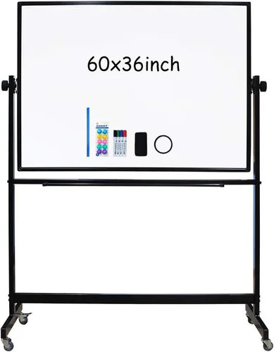 Miniatura 9 de XIWODE Pizarra blanca magnética extra grande de 36 x 72 pulgadas, soporte rodante de doble cara abatible independiente, marco negro sin fantasmas
