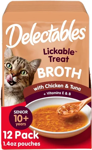 Delectables Lickable Treat Savory Broth Senior 10+ Golosinas húmedas para gatos con pollo y atún reales, cobertura para alimentos, hidratante, sin