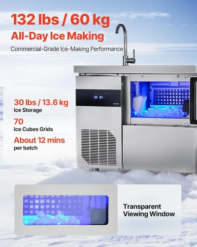Miniatura 4 de VEVOR Máquina comercial para hacer hielo, máquina de hielo de acero inoxidable de 132 libras/24 horas con fregadero, almacenamiento de 30 libras