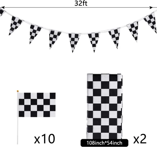 Miniatura 2 de Boao 13 piezas de decoraciones de fiesta a cuadros, 10 paquetes de banderas de carreras a cuadros en blanco y negro de 32 pies, 2 paquetes de fundas