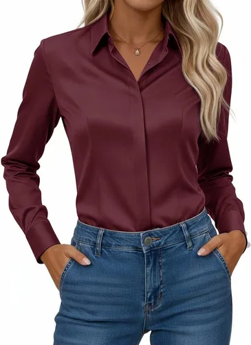 Miniatura 9 de Gleeivy Camisa con botones para mujer, solapa con botones ocultos, ligera, transpirable, resistente a las manchas, manga larga, trabajo e informal
