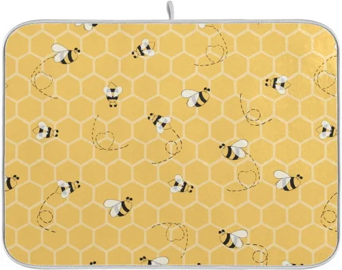 Tapete de secado de platos de miel de abejas divertidas de 16 x 18 pulgadas para encimera de cocina, almohadilla amarilla de platos de abejorro