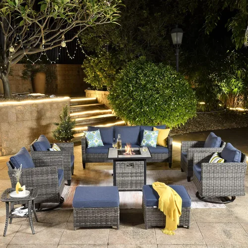 Miniatura 19 de ovios Juego de muebles de patio de 7 piezas con mesa cuadrada para hoguera, sillas mecedoras giratorias, juego de conversación de mimbre de respaldo