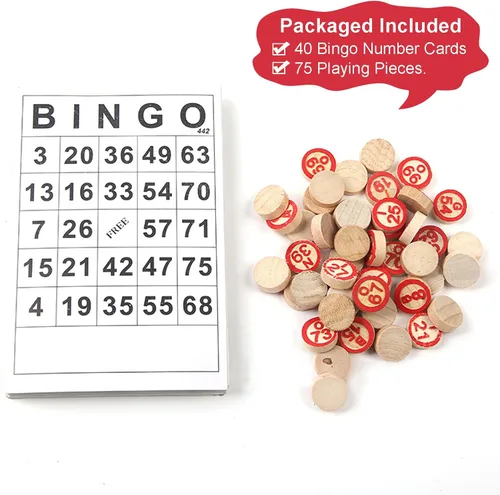 Miniatura 3 de Juego de Bingo Clásico, Juego de Bingo de Madera Incluye 40 Tarjetas de Números de Bingo y 75 Piezas de Ajedrez, Juego de Azar para Niños, Adultos