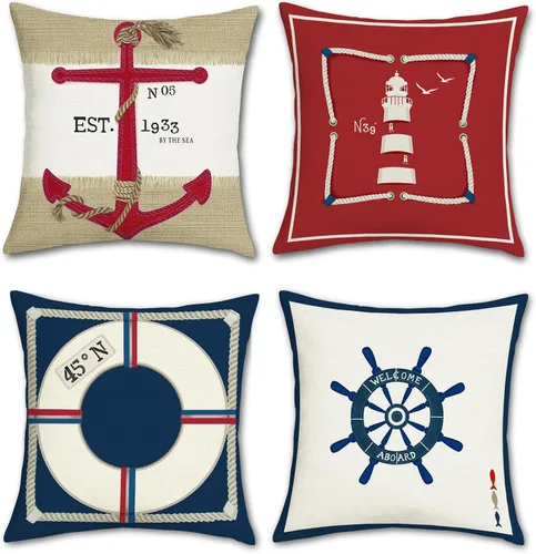 Bonhause Juego de 4 fundas de almohada náuticas de 16 x 16 pulgadas, con ancla, faro, rojo, azul marino, decorativas, para exteriores, para sofá,