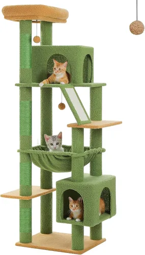 Miniatura 8 de Árbol para gatos de interior, 2 acogedores condominios con espaciosa percha superior, torre para gatos de varios niveles de 56.3 pulgadas con postes