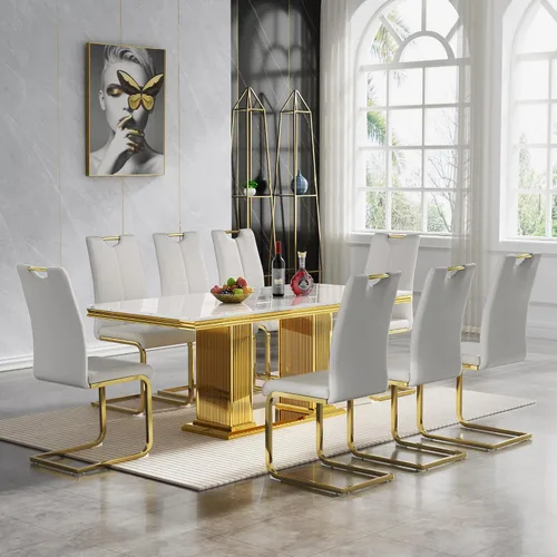 Miniatura 24 de Juego de mesa de comedor de 5 piezas, moderno juego de mesa de comedor para 4, 70 pulgadas, juego de mesa de comedor de mármol sintético blanco
