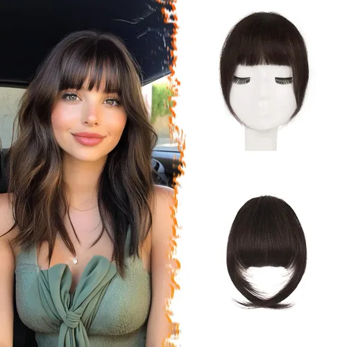 Miniatura 24 de BARSDAR Flequillo postizo de pelo humano real - Flequillo postizo 100% pelo humano para mujeres - Extensiones de flequillo ondulado castaño rojizo