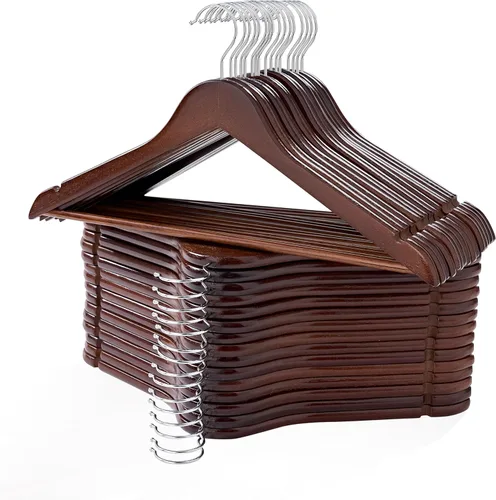 Edergoo Paquete de 30 perchas de madera lisa con ganchos giratorios de 360 ganchos y muescas, perchas de madera maciza para armario, nogal