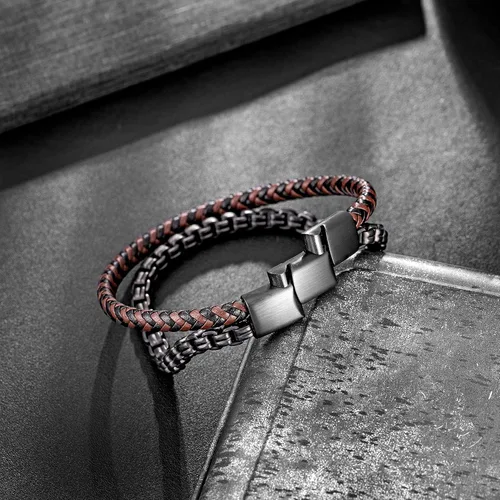 Miniatura 6 de murtoo Pulsera de cuero y acero, cadena de acero inoxidable y pulseras de cuero para hombre, Sin gemas.
