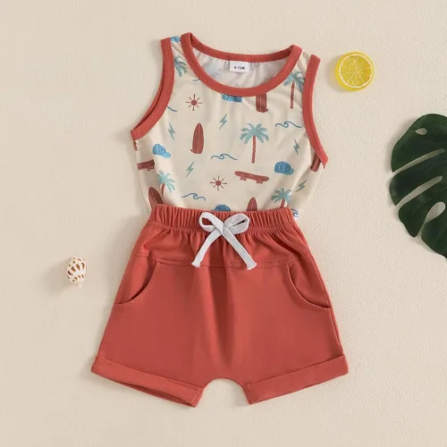 Miniatura 66 de Ropa de bebé niño sin mangas + pantalones cortos con estampado a rayas con bolsillos, 2 piezas de trajes de verano