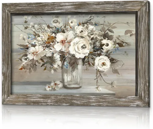 Miniatura 9 de Arte de pared enmarcado floral abstracto, pintura de flores blancas rústicas, ramo botánico en jarrón, impresiones de plantas, obras de arte