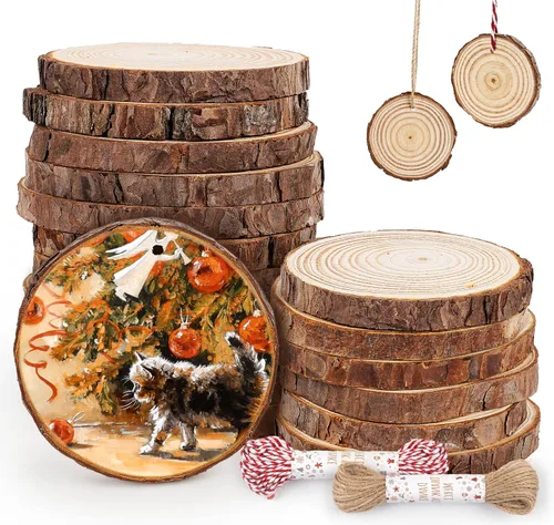 Miniatura 9 de ilauke - Láminas de madera, 30 piezas de 2.4"-2.8" (6.1-7.1 cm) redondas de madera natural con agujero preperforado, círculos de madera con corteza