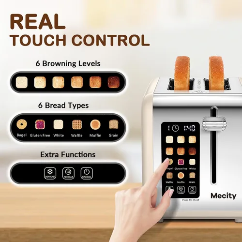 Miniatura 2 de Mecity Tostadora de pantalla táctil de 2 rebanadas, ranura ancha de 1.5 pulgadas, tostadora inteligente de acero inoxidable para bagels, magdalenas