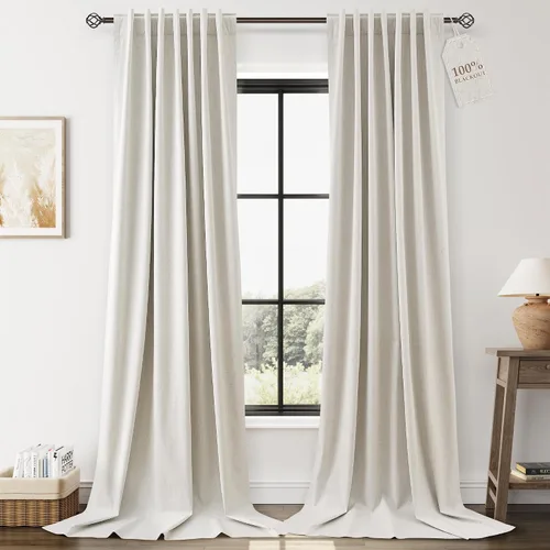 Miniatura 40 de Cortinas de lino 100% opacas para dormitorio, 102 pulgadas de largo, con pestaña trasera, bolsillo para barra, paneles acústicos con aislamiento