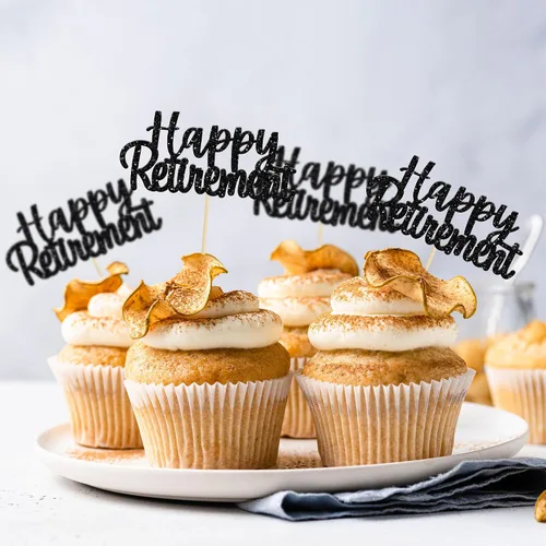 Miniatura 5 de Gyufise Decoración negra para cupcakes con purpurina para jubilados, decoración de pasteles para fiestas de jubilación, paquete de 36