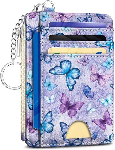 Miniatura 27 de Kelvoris Tarjetero pequeño para mujer, cartera delgada con bloqueo RFID, llavero con bolsillo para monedas con cremallera, bolsillo frontal