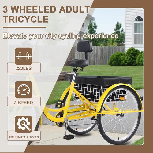 Miniatura 2 de Triciclo para adultos de 26 pulgadas, bicicletas de 7 velocidades y 3 ruedas, asiento grande con respaldo, triciclo para adultos con cestas