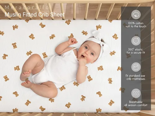 Miniatura 4 de Meracorallo Muslin Crib Sheet, 100% Cotton Fitted Crib Sheet 28x52 Soft and Breathable Baby Boys Girls Cover for Standard Crib and Toddler