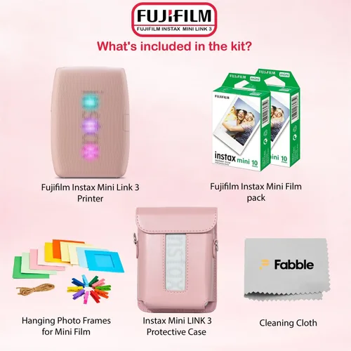 Miniatura 2 de Fujifilm Impresora Instax Mini Link 3 para smartphone, paquete Rosa Pink con funda protectora, película instantánea de paquete doble (20 hojas)