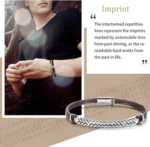 Miniatura 3 de Carleen Footprint - Pulsera de cuero genuino de plata de ley 925 para hombre cuerda trenzada dije inspirador aniversario día de San Valentín regalo