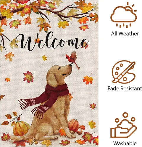 Miniatura 5 de Bandera de jardín de bienvenida de otoño de 12 x 18 pulgadas de doble cara de arpillera, banderas de patio Golden Retriever Dog Cardinal
