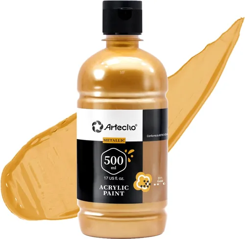 Artecho Pintura Acrílica Oro - Botella Grande 500ml / 17oz, Pintura para Manualidades para Lienzo, Rocas, Madera, Tela, Cerámica, No Tóxica Dorado