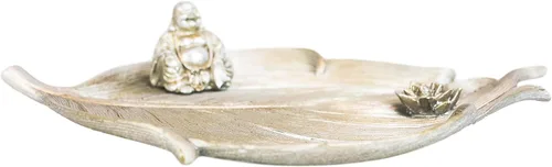 Miniatura 2 de Ebros Gift Buddhism Hotei Laughing Buddha sentado en Bodhi hoja de árbol con flor de loto incienso soporte quemador figura Zen Feng Shui hogar