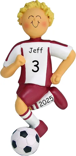 Miniatura 19 de Adorno de Navidad personalizado de fútbol, uniforme blanco y negro, niña, cabello rubio, bola de regate, resina pintada a mano, 4.5 pulgadas