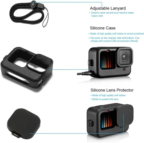 Miniatura 5 de Carcasa impermeable para GoPro Hero 13, 12, 11, 10, 9, protector de pantalla de vidrio templado negro, funda protectora de silicona, kit