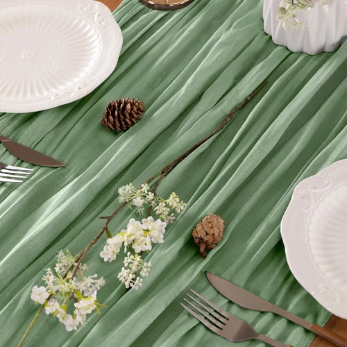 Miniatura 5 de LINXTAR Camino de mesa de gasa verde salvia de 160 pulgadas, 14 pies, gasa de verano, bohemio, camino de mesa para boda, fiesta de té, baby shower