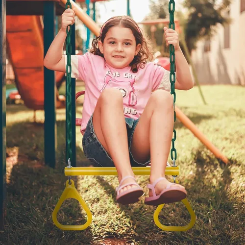 Miniatura 7 de LadyRosian Barra de trapecio de 17" para gimnasio con anillos, cadena resistente de 47", juego de accesorios para columpio con mosquetones