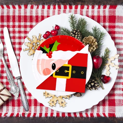 Miniatura 3 de Whaline Juego de 90 piezas de suministros para fiesta de Navidad, platos de papel con patrón de Papá Noel de 9 pulgadas y cinturones de Papá Noel
