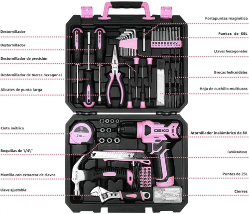 Miniatura 2 de DEKOPRO Juego de taladros, juego de herramientas para el hogar con taladro inalámbrico rosa de 8 V, kit de herramientas manuales para mujeres, 126