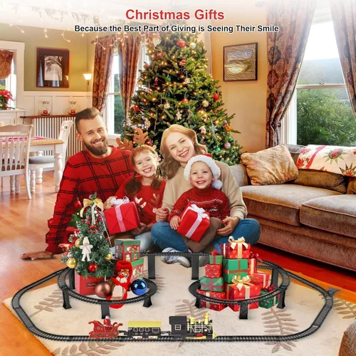Miniatura 6 de Juego de tren eléctrico con pistas elevadas 3D, vagones de pasajeros de locomotora, luces y modo silencioso, tren de Navidad para niños, regalo