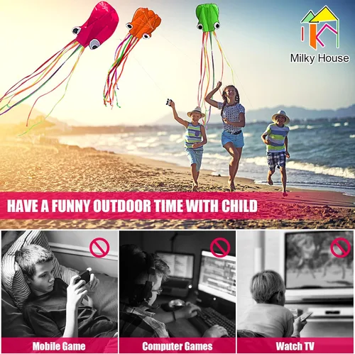 Miniatura 3 de Paquete de 3 cometas de pulpo – Cometas de playa 3D para personas y niños (azul, verde, rojo) – Fácil de volar, kit de cometa con cuerda de 39.9
